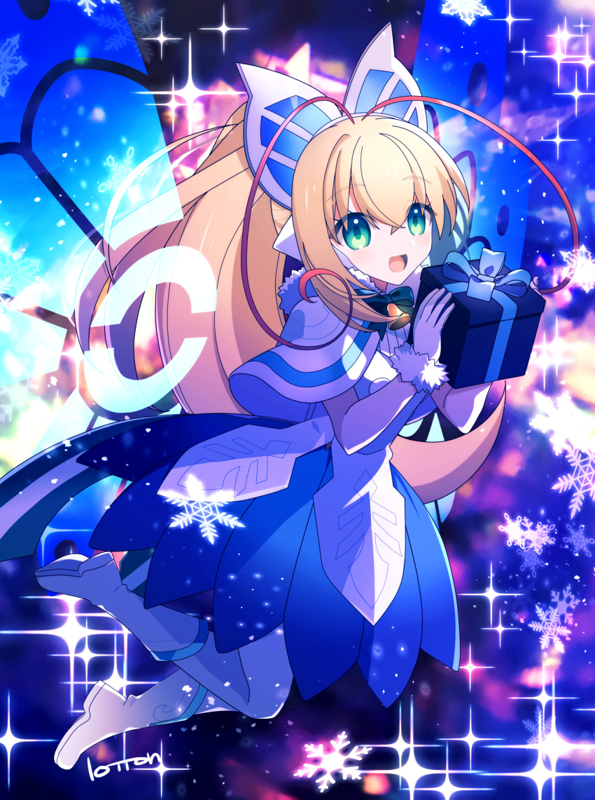 1girl antenna_hair artist_name azure_striker_gunvolt bell blonde_hair blue_skirt butterfly_wings capelet dress energy_wings full_body gift gloves green_eyes high_ponytail highres holding holding_gift insect_wings lololotton long_hair looking_at_viewer lumen_(gunvolt) multicolored_hair neck_bell open_mouth pink_hair skirt smile snowflakes solo sparkle tongue two-tone_hair white_capelet white_dress white_gloves wings