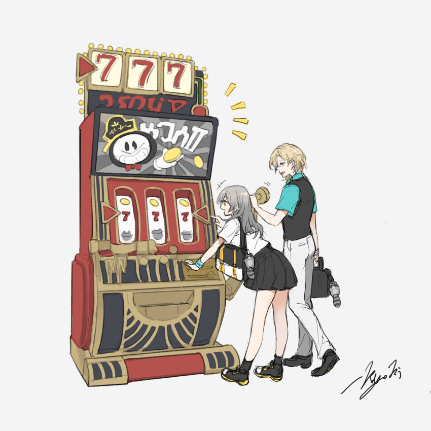 1boy 1girl aventurine_(honkai:_star_rail) bag black_skirt blonde_hair clockie_(honkai:_star_rail) full_body grey_hair highres honkai:_star_rail honkai_(series) kyoki_(bakat) shirt signature simple_background skirt slot_machine smile stelle_(honkai:_star_rail) trailblazer_(honkai:_star_rail) white_background white_shirt