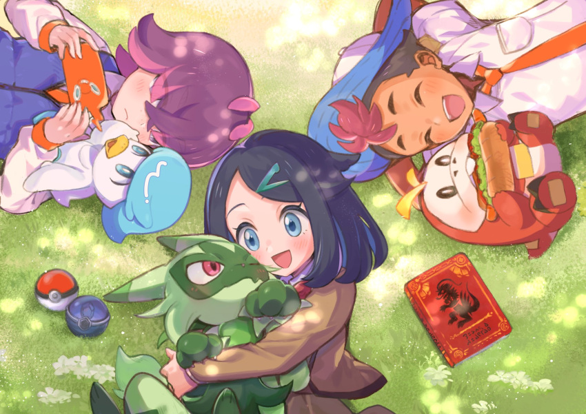 1boy 2girls abe_(kumayu) black_hair blue_eyes blush closed_eyes closed_mouth dark-skinned_male dark_skin dot_(pokemon) eyelashes floragato fuecoco hair_ornament hair_over_eyes hairclip hat highres holding liko_(pokemon) meowscarada multicolored_hair multiple_girls naranja_academy_(emblem) naranja_academy_school_uniform necktie one_eye_closed open_mouth orange_necktie pink_hair poke_ball poke_ball_(basic) pokemon pokemon_(anime) pokemon_(creature) pokemon_horizons purple_eyes purple_hair quaxly rotom rotom_phone roy_(pokemon) school_uniform shirt short_hair short_sleeves smile starter_pokemon_trio white_shirt