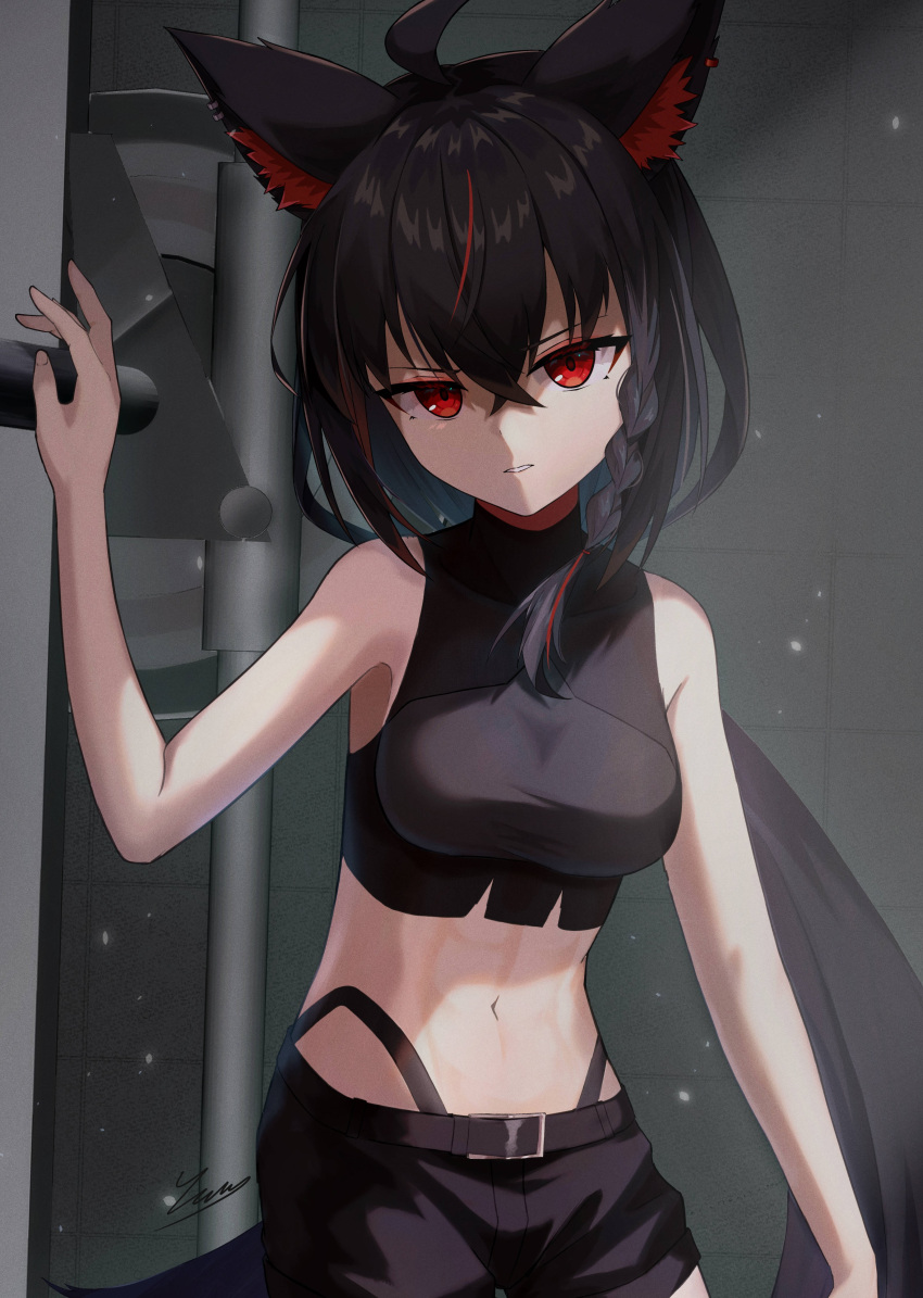 1girl abs absurdres ahoge animal_ear_fluff animal_ears belt black_hair black_shorts braid fox_ears fox_girl fox_tail hair_between_eyes highres hololive kurokami_fubuki long_hair looking_at_viewer low_ponytail midriff multicolored_hair nagae_yama navel open_mouth parted_lips red_eyes red_hair shorts signature single_braid solo streaked_hair tail virtual_youtuber