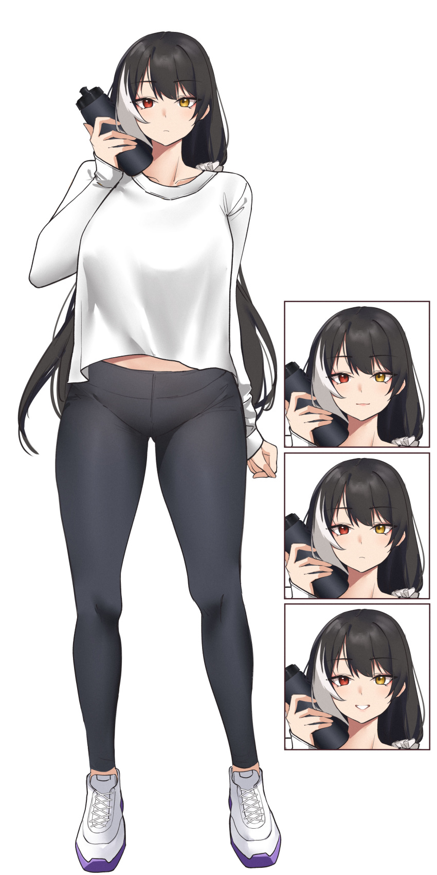 1girl absurdres alternate_costume black_hair black_pants bottle breasts expressions full_body girls'_frontline heterochromia highres holding holding_bottle large_breasts long_hair midriff multicolored_hair navel pants pinepin red_eyes ro635_(girls'_frontline) shirt shoes simple_background smile sneakers sportswear streaked_hair tight_clothes tight_pants white_background white_hair white_shirt yellow_eyes yoga_pants