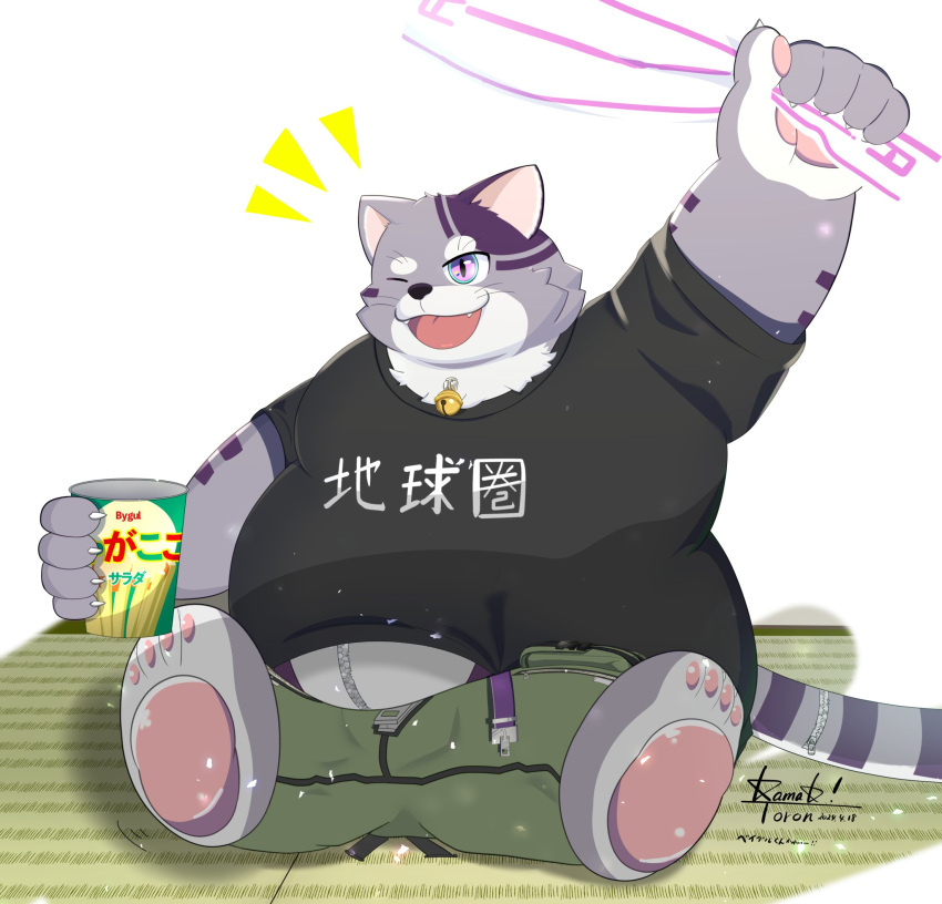 anthro bottomwear bygul clothing container cup domestic_cat felid feline felis food fur hi_res japanese_text kamakitoron lifewonders live_a_hero male mammal noodles one_eye_closed overweight pawpads purple_body purple_fur ramen shirt shorts sitting solo striped_body striped_fur stripes t-shirt text topwear towel wink zipper