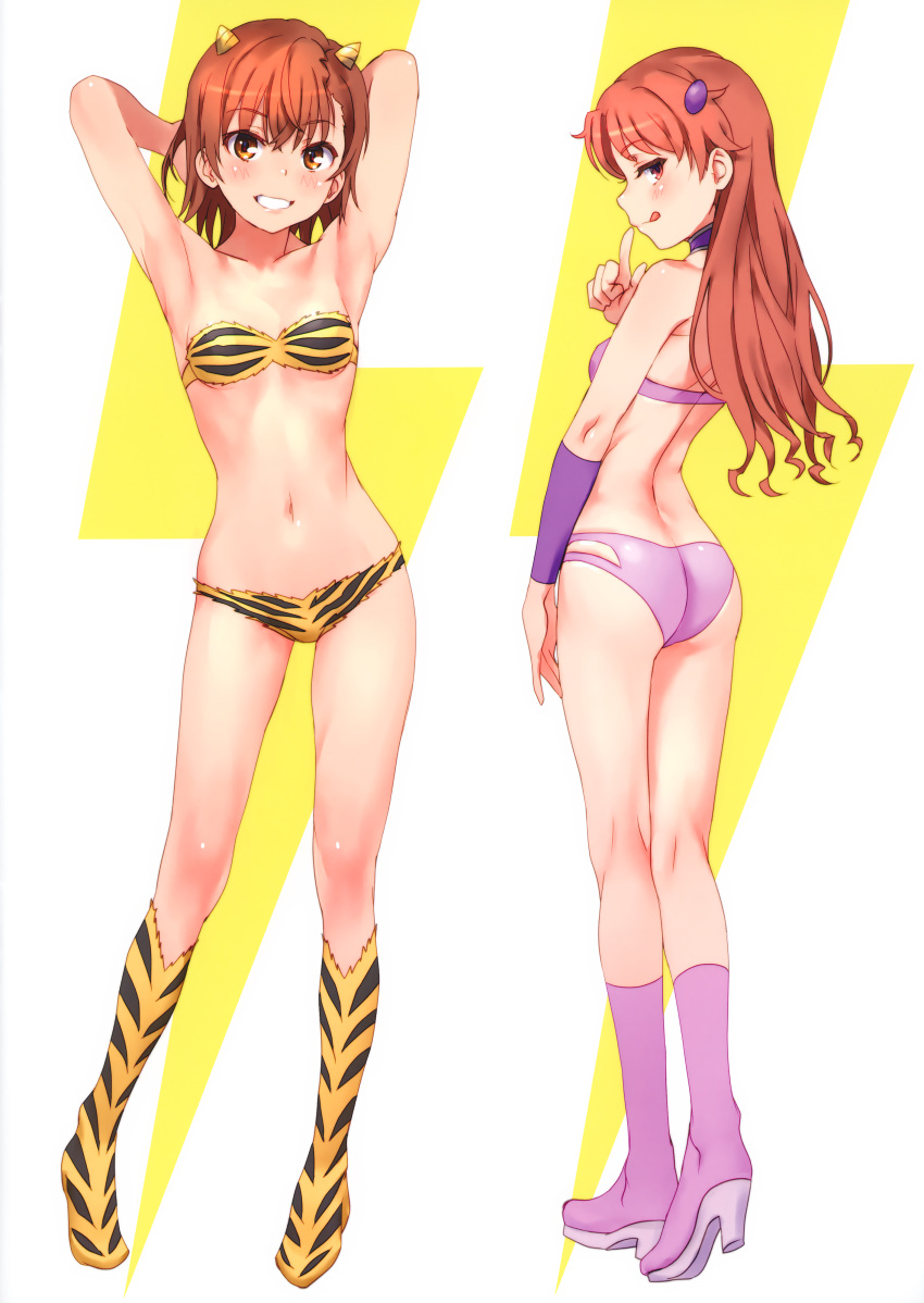 2girls absurdres animal_print armpits arms_behind_head ass bare_shoulders bikini blush boots breasts brown_eyes brown_hair cosplay full_body hair_ornament hairclip high_heels highres horns knee_boots lightning_bolt_symbol long_hair looking_at_viewer looking_back lum lum_(cosplay) medium_hair misaka_mikoto multiple_girls navel non-web_source parted_lips power_connection raika9 ran_(urusei_yatsura) ran_(urusei_yatsura)_(cosplay) shiny_skin shirai_kuroko simple_background small_breasts smile stomach strapless swimsuit thighs tiger_print toaru_kagaku_no_railgun toaru_majutsu_no_index tongue tongue_out urusei_yatsura vambraces