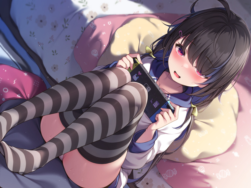 1girl ahoge ass black_hair blue_hair blush collarbone commentary_request dutch_angle hair_over_one_eye hands_up highres holding hood hood_down hoodie knees_up long_hair long_sleeves multicolored_hair nintendo_switch no_shoes open_mouth original panties pillow puffy_long_sleeves puffy_sleeves red_eyes sitting solo striped_clothes striped_thighhighs sweat thighhighs toyosaki_shu two-tone_hair underwear very_long_hair white_hoodie white_panties