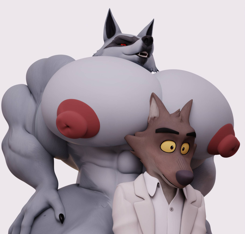 abs anthro big_muscles big_pecs black_body black_claws black_fur brown_body brown_fur canid canine canis claws clothing death_(puss_in_boots) dreamworks duo fur grey_body grey_fur hi_res huge_muscles huge_pecs huge_thighs hyper hyper_pecs larger_male male mammal mr._wolf_(the_bad_guys) multicolored_body multicolored_fur muscular muscular_anthro muscular_arms muscular_male nipples oleanderin pecs pink_nipples puss_in_boots_(dreamworks) red_eyes sharp_teeth size_difference smaller_male suit teeth the_bad_guys thick_thighs white_body white_clothing white_fur white_suit wolf yellow_eyes