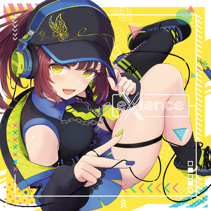 1girl :d asymmetrical_legwear baseball_cap black_footwear black_hat black_jacket black_shirt black_skirt black_socks black_thighhighs blue_nails breasts brown_hair collared_shirt commentary_request dress_shirt green_nails green_necktie hat headphones headphones_over_headwear highres jacket knees_together_feet_apart long_sleeves medium_breasts multicolored_nails nail_polish necktie off_shoulder open_clothes open_jacket original ponytail puffy_long_sleeves puffy_sleeves shirt shoes single_sock single_thighhigh skindentation skirt sleeveless sleeveless_shirt sleeves_past_wrists smile socks solo temari_rin thigh_strap thighhighs v yellow_background yellow_eyes