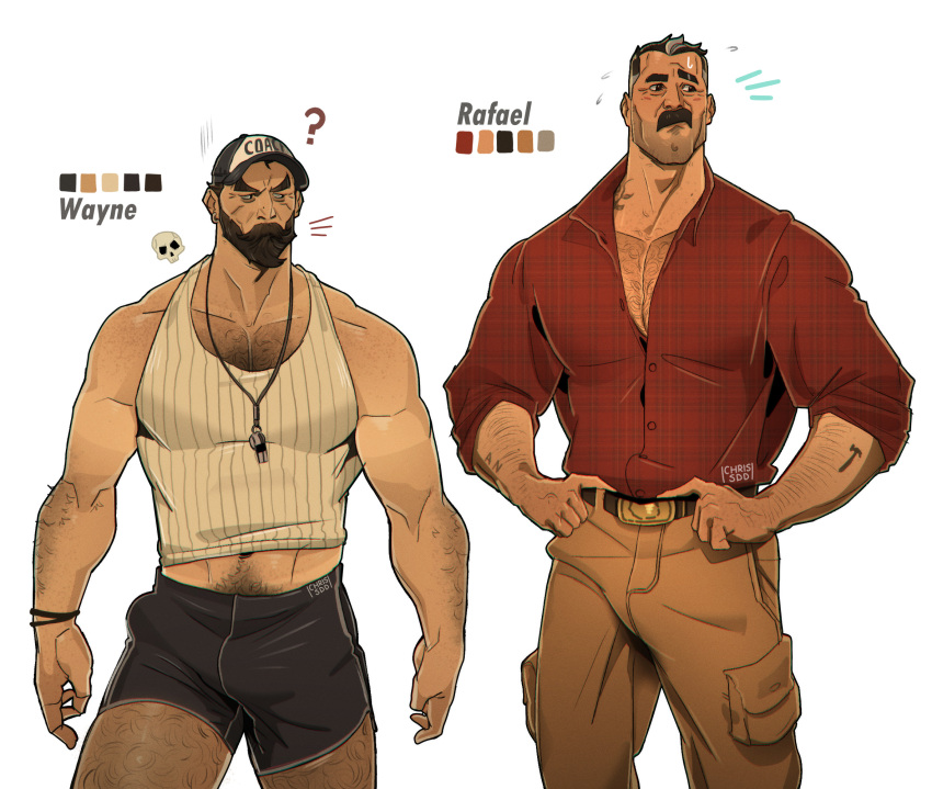 2boys averting_eyes bara baseball_cap beard beard_over_mouth beard_stubble black_hair bulge chest_hair_peek chris_sdd cowboy_shot facial_hair flying_sweatdrops full_beard grey_hair hairy hat highres large_pectorals male_focus mature_male midriff_peek multicolored_hair multiple_boys muscular muscular_male nervous old old_man original pectorals rafael_(chris_sdd) receding_hairline short_hair short_shorts shorts sparse_arm_hair standing streaked_hair striped_tank_top stubble tan tank_top thick_arm_hair thick_beard thick_chest_hair thick_eyebrows thick_leg_hair thick_mustache thick_navel_hair tsurime very_hairy wayne_(chris_sdd) white_tank_top wrinkled_skin yaoi