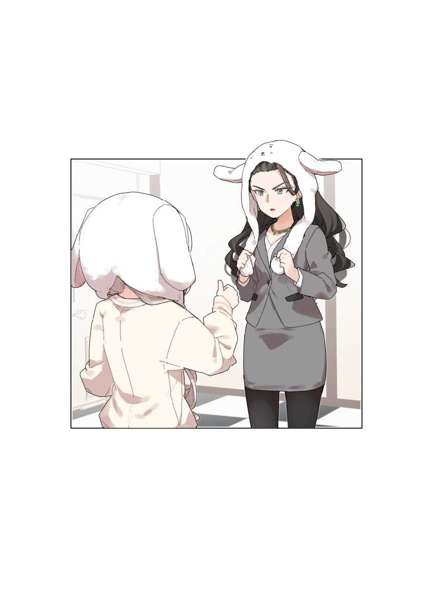 2girls animal_ear_hood animal_ears animal_hood back black_hair black_pantyhose breasts buttons checkered_floor cleavage closed_jacket commentary door door_handle earrings executive_mishiro eyes_visible_through_hair facing_another facing_away fake_animal_ears from_behind green_eyes grey_hair grey_jacket grey_skirt hair_rings hair_slicked_back hand_up hands_up high-waist_skirt highres hisakawa_nagi holding_hood hood idolmaster idolmaster_cinderella_girls indoors jacket jewelry long_hair long_sleeves looking_at_another looking_down multiple_girls necklace pantyhose parted_lips pencil_skirt pocket shirt skirt skirt_set suit_jacket thumbs_up tile_floor tiles wavy_hair white_hood white_shirt yellow_jacket yukie_(kusaka_shi)