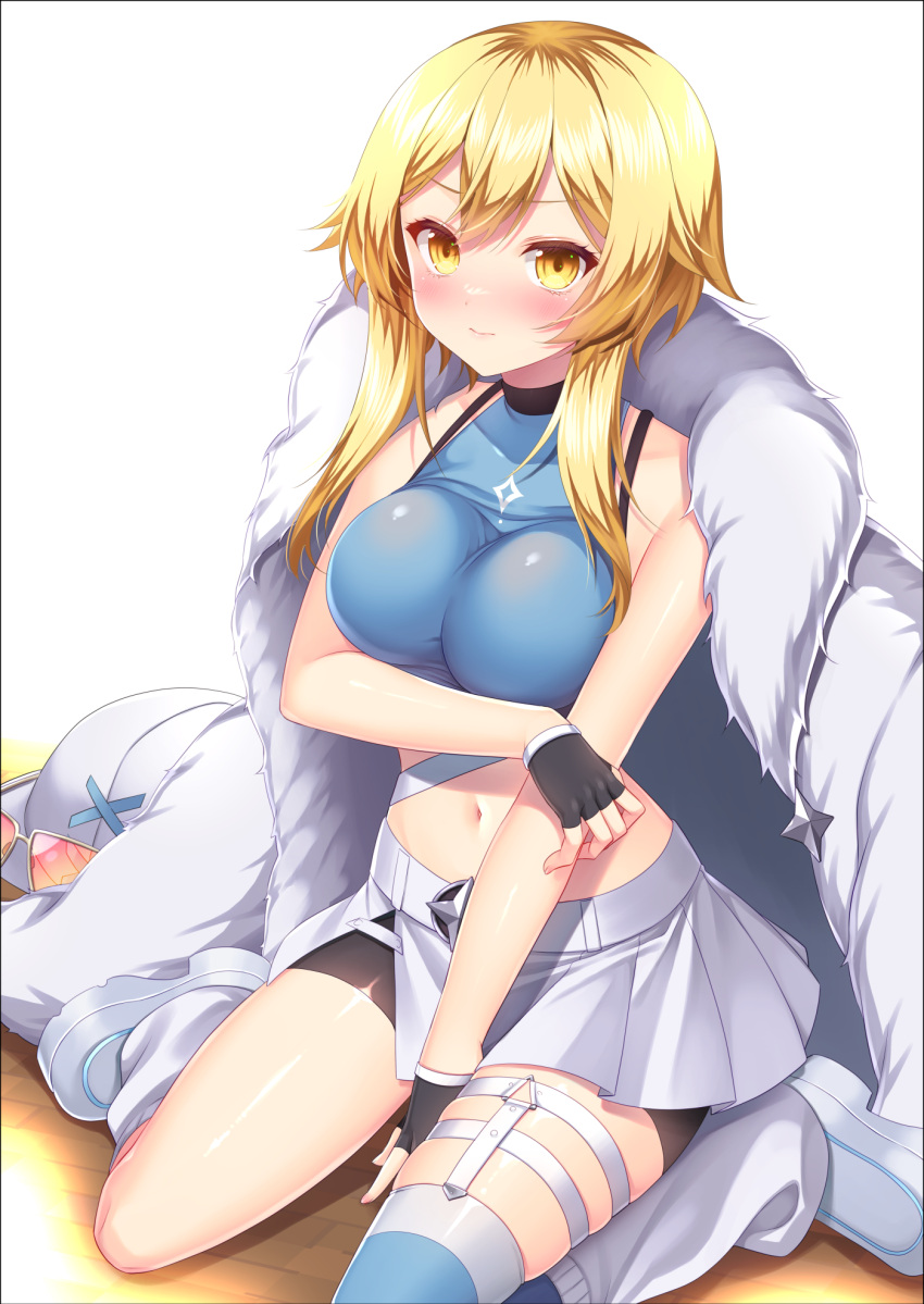 1girl arm_across_waist baseball_cap between_legs bike_shorts black_gloves black_shorts blonde_hair blue_shirt blush breasts brown_eyes closed_mouth commentary_request covered_collarbone fingerless_gloves fur-trimmed_jacket fur_trim genshin_impact gloves hair_between_eyes hand_between_legs hat highres jacket long_hair looking_at_viewer loose_socks lumine_(genshin_impact) medium_breasts minatsuki_alumi open_clothes open_jacket pleated_skirt shirt shoes short_shorts shorts shorts_under_skirt simple_background single_thighhigh sitting skirt sleeveless sleeveless_shirt socks socks_over_thighhighs solo sunglasses thighhighs unworn_eyewear unworn_hat unworn_headwear wariza white_background white_footwear white_hat white_jacket white_skirt white_socks