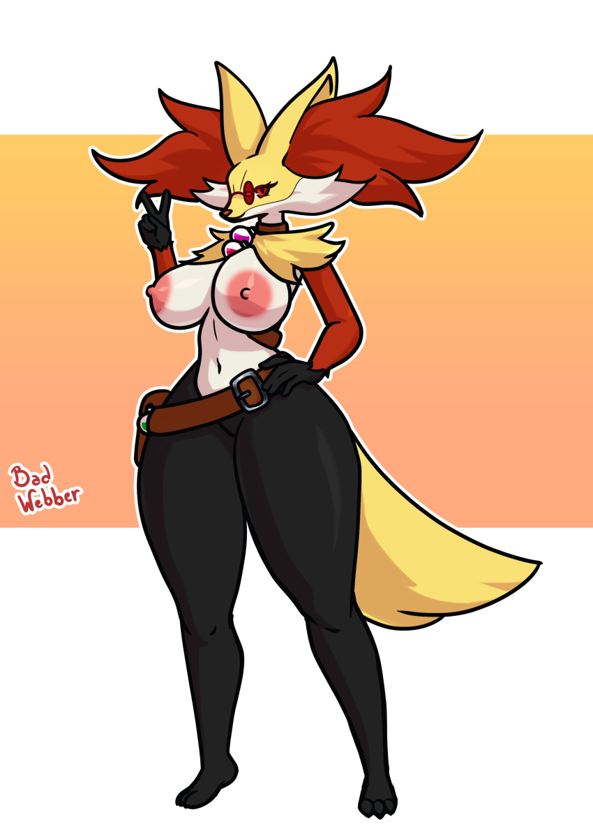 absurd_res anthro areola badwebber big_breasts breasts canid canine delphox fan_character female generation_6_pokemon gesture hand_gesture hi_res invalid_tag mammal nintendo original_character pokemon pokemon_(species) solo v_sign