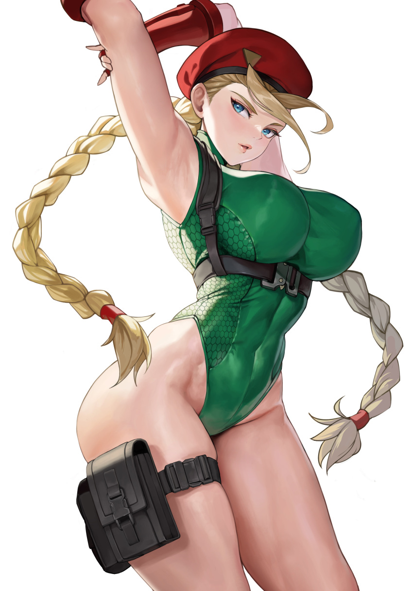 1girl absurdres arm_up armpits athletic_leotard beret blonde_hair blue_eyes braid breasts cammy_white commentary_request covered_navel green_leotard hat highres large_breasts leotard long_hair looking_at_viewer parted_lips red_hat simple_background sr911656337775 street_fighter thighs twin_braids white_background