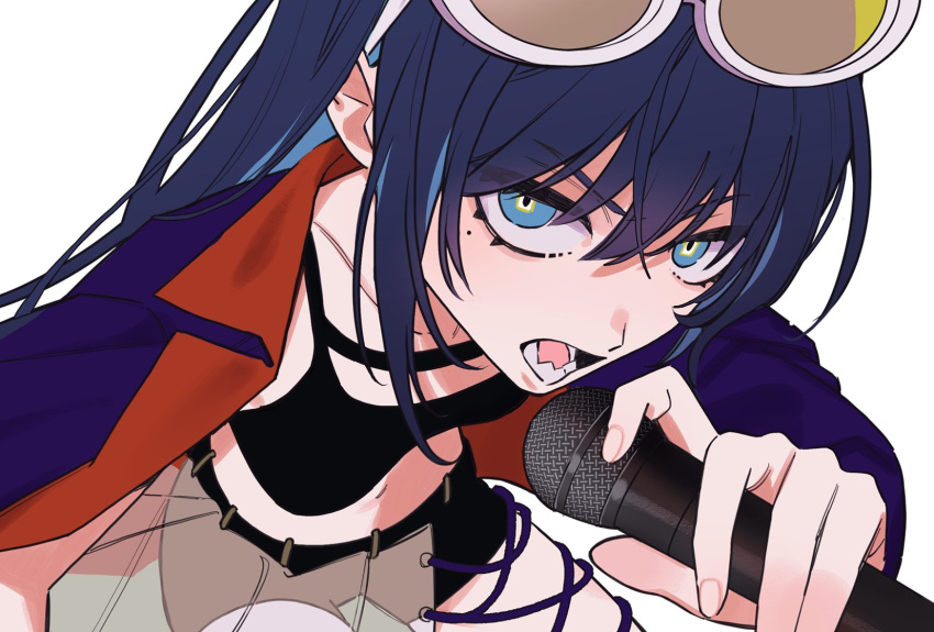 1girl ado_(utaite) black_shorts black_tank_top blue_eyes blue_hair breasts bright_pupils chando_(ado) cloud_nine_inc collarbone colored_inner_hair commentary cosplay crop_top dark_blue_hair eyewear_on_head hair_between_eyes highres holding holding_microphone jacket jacket_on_shoulders long_hair looking_at_viewer lower_teeth_only medium_breasts microphone midriff mole mole_under_eye multicolored_hair odo-chan_(ado) odo-chan_(ado)_(cosplay) odo_(song) open_mouth purple_jacket riseno sharp_teeth shorts sidelocks simple_background solo tank_top teeth two-tone_hair white_background