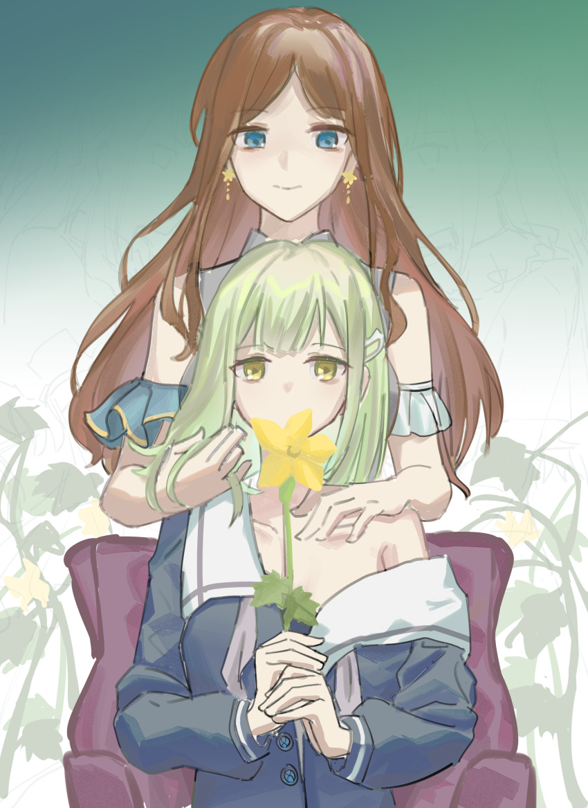 2girls absurdres bang_dream! bang_dream!_it's_mygo!!!!! black_shirt blue_eyes brown_hair closed_mouth commentary deep_dig dress earrings english_commentary flower gradient_background green_background green_hair hair_ornament hairclip hand_on_another's_shoulder highres holding holding_flower jewelry long_hair long_sleeves multiple_girls nagasaki_soyo off-shoulder_dress off_shoulder school_uniform shirt single_bare_shoulder single_off_shoulder sitting smile tsukinomori_school_uniform wakaba_mutsumi white_background yellow_eyes yellow_flower yuri