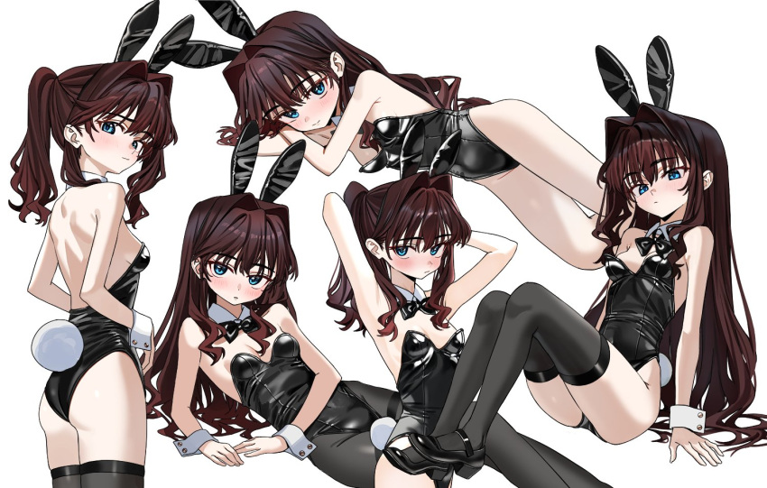 1girl animal_ears black_bow black_bowtie black_footwear black_leotard black_pantyhose black_thighhighs blue_eyes bow bowtie breasts brown_hair choppy_bangs cleavage collage cropped_legs detached_collar elisia_valfelto fake_animal_ears fake_tail full_body highleg highleg_leotard leotard light_blush long_hair looking_at_viewer luicent lying on_side original pantyhose ponytail rabbit-ear_headwear rabbit_ears rabbit_tail sidelocks sitting small_breasts standing tail thighhighs twintails wavy_hair white_background wrist_cuffs