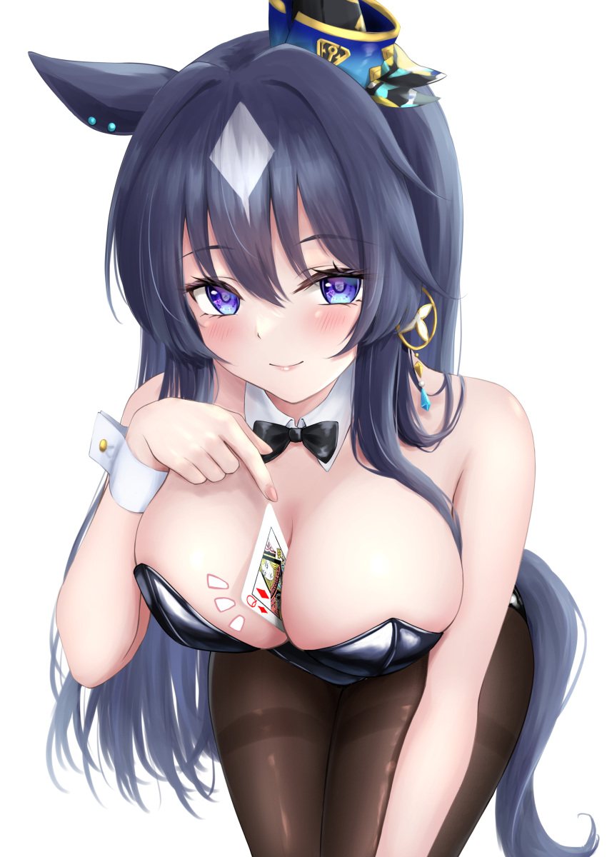 1girl absurdres alternate_costume animal_ears between_breasts blue_hair blush breasts card collarbone commentary_request dark_blue_hair earrings hair_between_eyes hair_ornament highres horse_ears horse_girl jewelry looking_at_viewer pantyhose playboy_bunny playing_card pointing purple_eyes simple_background single_earring smile solo taku_(312nismo1) umamusume verxina_(umamusume) white_background