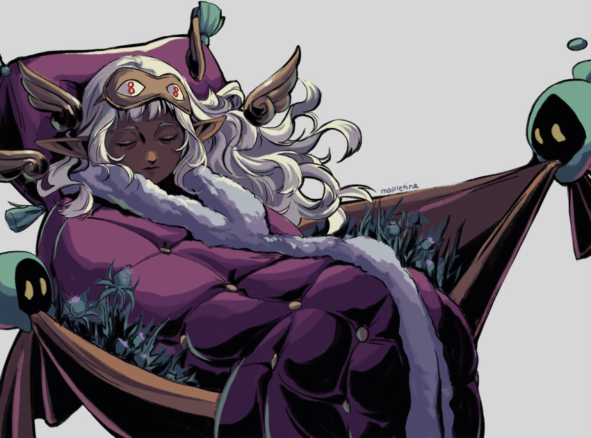 1boy blanket blunt_bangs closed_eyes commentary crossover curly_hair cushion dark-skinned_male dark_skin dungeon_meshi elf english_commentary floating fur_trim grass grey_background hades_(series) hades_2 highres hypnos_(hades) lifting_person long_hair mapletine mask mask_on_head plant pointy_ears sidelocks signature sleep_mask sleeping thistle_(dungeon_meshi) white_hair wings yellow_eyes