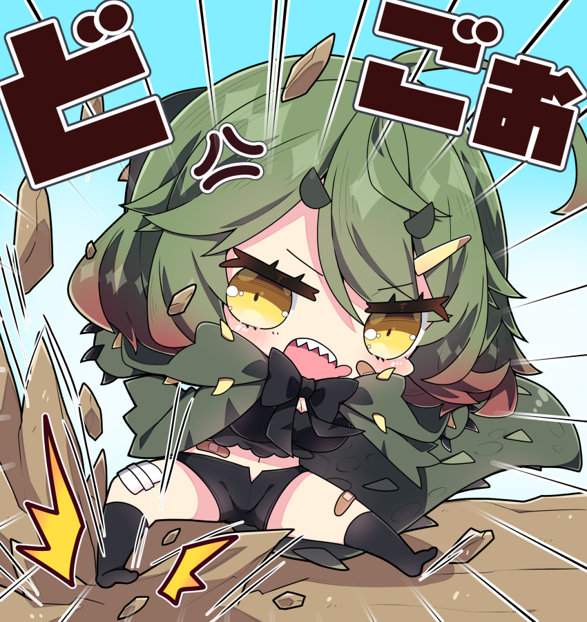 1girl ^^^ absurdres anger_vein bandaid bandaid_on_knee bandaid_on_leg bandaid_on_stomach black_bow black_shorts black_socks bow breasts brown_hair cleavage cloak commentary_request deviljho emphasis_lines gradient_hair green_cloak green_hair hair_between_eyes hair_ornament hairclip highres hood hood_down hooded_cloak kneehighs large_breasts milkpanda monster_hunter_(series) multicolored_hair navel no_shoes open_mouth personification sharp_teeth short_eyebrows short_shorts shorts socks solo tail teeth thick_eyebrows translation_request v-shaped_eyebrows yellow_eyes