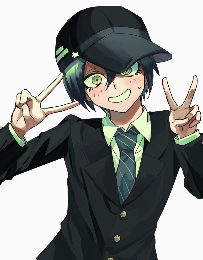 1boy bad_id bad_twitter_id baseball_cap black_hat black_jacket black_sleeves blazer blue_hair blue_necktie buttons coattails collared_jacket collared_shirt commentary_request crazy_grin danganronpa_(series) danganronpa_v3:_killing_harmony double_v eyelashes hair_between_eyes haji_(hajimaji) hat head_tilt highres jacket korean_commentary layered_sleeves light_blush long_sleeves looking_at_viewer male_focus necktie saihara_shuichi school_uniform shirt short_hair simple_background solo star_(symbol) star_print striped_necktie sweatdrop upper_body v white_background white_shirt yellow_eyes