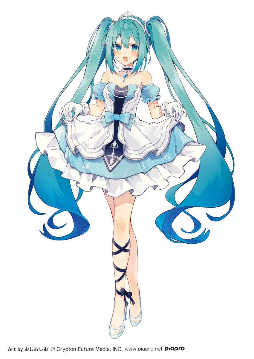 1girl :d absurdres aqua_bow aqua_eyes aqua_hair bare_shoulders blush bow choker collarbone commentary_request copyright_notice crypton_future_media dress frilled_choker frilled_dress frills full_body glass_slipper gloves hair_between_eyes hair_ornament hatsune_miku high_heels highres holding long_hair looking_at_viewer official_art open_mouth oshio_(dayo) piapro simple_background smile solo standing taito tiara twintails very_long_hair vocaloid white_background white_dress white_gloves