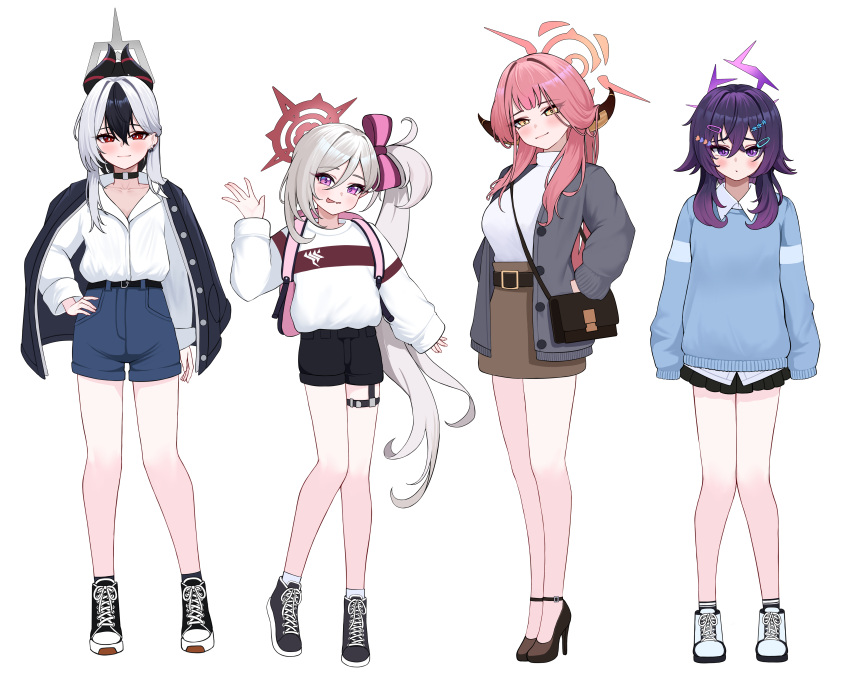 4girls 82jhin :p absurdres aru_(blue_archive) bare_legs between_breasts black_cardigan black_choker black_hair blue_archive blue_sweater blush breasts cardigan casual choker demon_horns denim denim_shorts full_body grey_hair hair_between_eyes halo hand_in_pocket hand_on_own_hip haruka_(blue_archive) high_heels highres horns jacket jacket_on_shoulders kayoko_(blue_archive) long_sleeves looking_at_viewer miniskirt multiple_girls mutsuki_(blue_archive) open_collar pink_hair problem_solver_68_(blue_archive) purple_hair revision shirt shoes short_shorts shorts simple_background skirt sleeves_past_fingers sleeves_past_wrists smile sneakers strap_between_breasts sweater tongue tongue_out white_background white_shirt