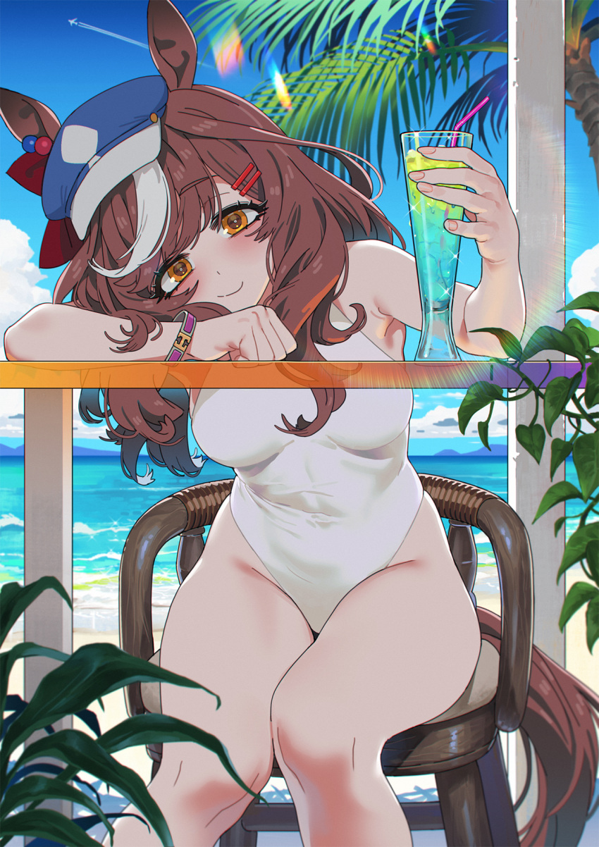 1girl animal_ears bare_shoulders beach blue_hat blue_one-piece_swimsuit blue_sky bracelet breasts brown_hair cabbie_hat closed_mouth cloud cloudy_sky commentary_request cup drinking_glass ear_ornament hair_ornament hairclip hat highres holding holding_cup horse_ears horse_girl horse_tail jewelry lens_flare long_hair matikane_tannhauser_(umamusume) medium_breasts multicolored_hair ocean one-piece_swimsuit outdoors sand sarcophage sitting sky smile solo streaked_hair swimsuit table tail umamusume water white_hair yellow_eyes