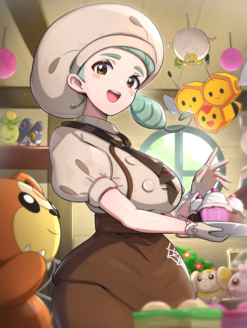 1girl absurdres apron ascot bear bee breasts brown_apron brown_ascot brown_eyes brown_skirt bug buttons chef_hat combee dog fidough gonzarez green_hair hat highres igglybuff katy_(pokemon) large_breasts low_side_ponytail mole mole_on_cheek muffin_top nymble pokemon pokemon_(creature) pokemon_sv puffy_short_sleeves puffy_sleeves short_sleeves side_ponytail skirt smoliv spider spider_web_print stuffed_animal stuffed_toy tarountula teddiursa teddy_bear underbust waist_apron