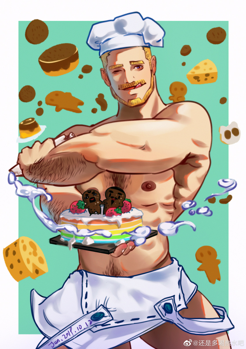 1boy :q absurdres apron bara beard blonde_hair cheese chef chef_hat cowboy_shot dated facial_hair food full_beard hairy hat highres ke_bu_ke_yi_se_se large_pectorals lgbt_pride looking_at_viewer male_focus mature_male muscular muscular_male naked_apron nipples original pectorals rainbow_cake seductive_smile smile solo sparse_chest_hair thick_arm_hair thick_eyebrows thick_navel_hair tongue tongue_out tsurime