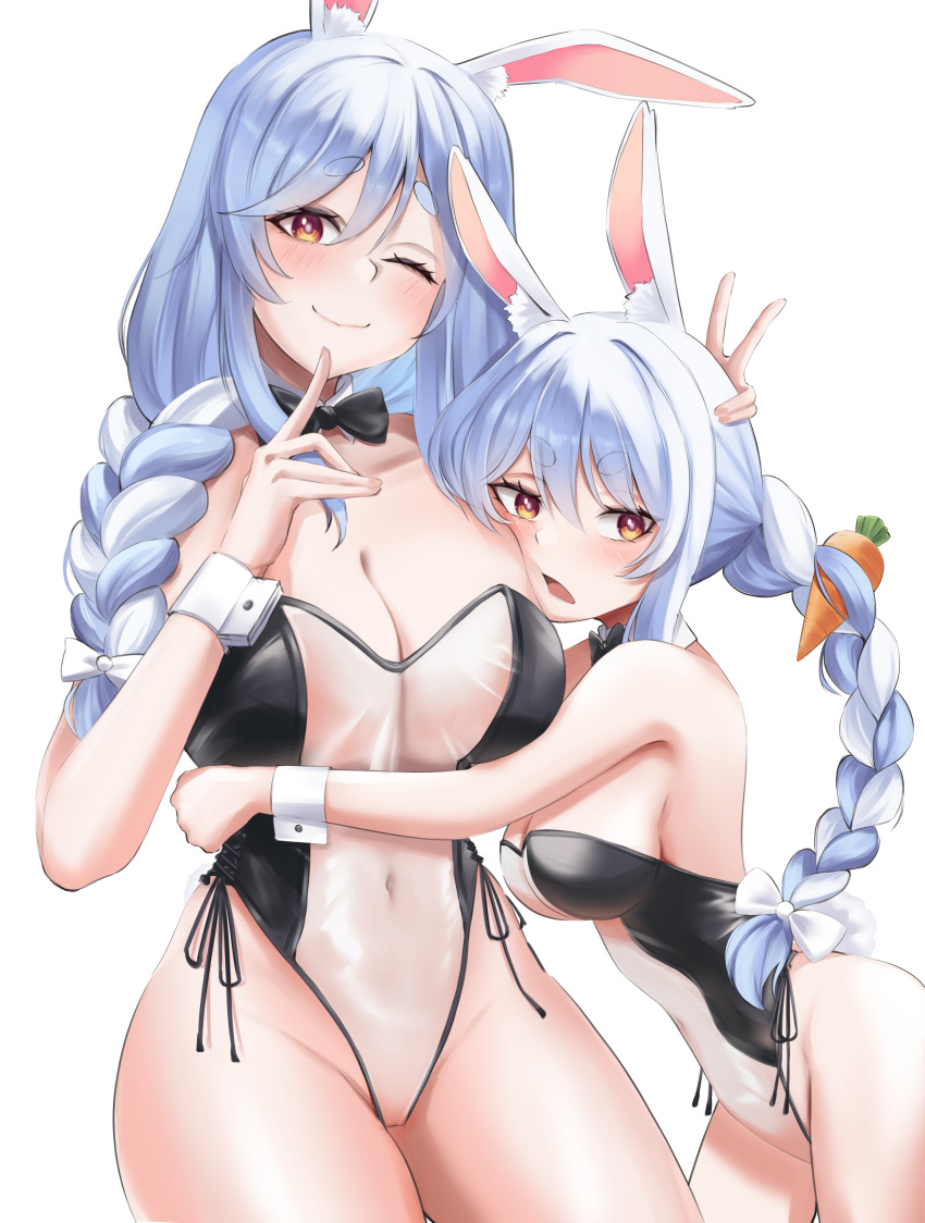 2girls absurdres animal_ears black_leotard blue_hair blush bow braid braided_ponytail breasts carrot_hair_ornament cleavage collar detached_collar food-themed_hair_ornament hair_bow hair_ornament highres hololive hug jozahar large_breasts leotard long_hair looking_at_viewer mature_female medium_breasts mother_and_daughter multicolored_hair multiple_girls one_eye_closed pekomama playboy_bunny rabbit_ears rabbit_girl rabbit_tail red_eyes short_eyebrows streaked_hair tail twin_braids usada_pekora virtual_youtuber white_background white_bow white_collar white_hair white_wrist_cuffs wrist_cuffs