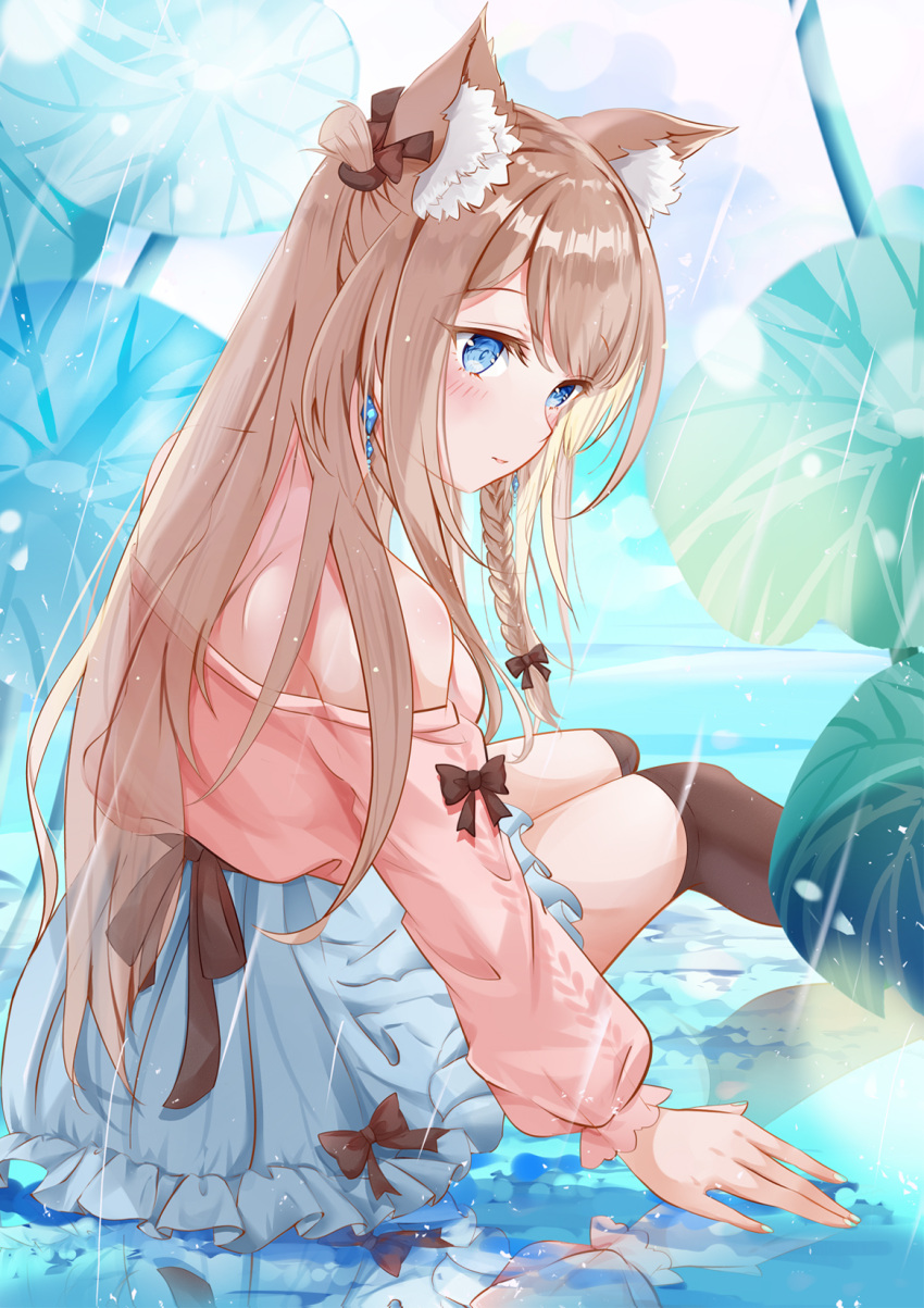 1girl animal_ear_fluff animal_ears black_bow blue_eyes blue_skirt blush bow braid brown_bow brown_hair brown_socks cat_ears commentary_request earrings frilled_skirt frills highres jewelry long_hair long_sleeves mutang off-shoulder_shirt off_shoulder original over-kneehighs parted_lips pink_shirt puffy_long_sleeves puffy_sleeves rain reflection shirt sitting skirt socks solo thighhighs very_long_hair water