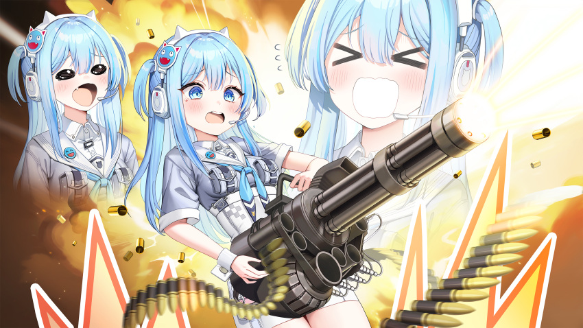 &gt;_&lt; 1girl blue_eyes blue_hair blue_neckerchief blush breasts bullet closed_eyes commentary_request crying_cat_(meme) explosion fake_horns fang flying_sweatdrops gatling_gun goddess_of_victory:_nikke grey_shirt gun hair_between_eyes headphones headset high-waist_skirt highres holding holding_gun holding_weapon horns jehyun m134_minigun mask mask_on_head medium_breasts meme motion_blur multiple_views neckerchief oni_mask open_mouth sailor_collar shell_casing shifty_(nikke) shirt short_sleeves skirt two_side_up wavy_mouth weapon white_sailor_collar white_skirt