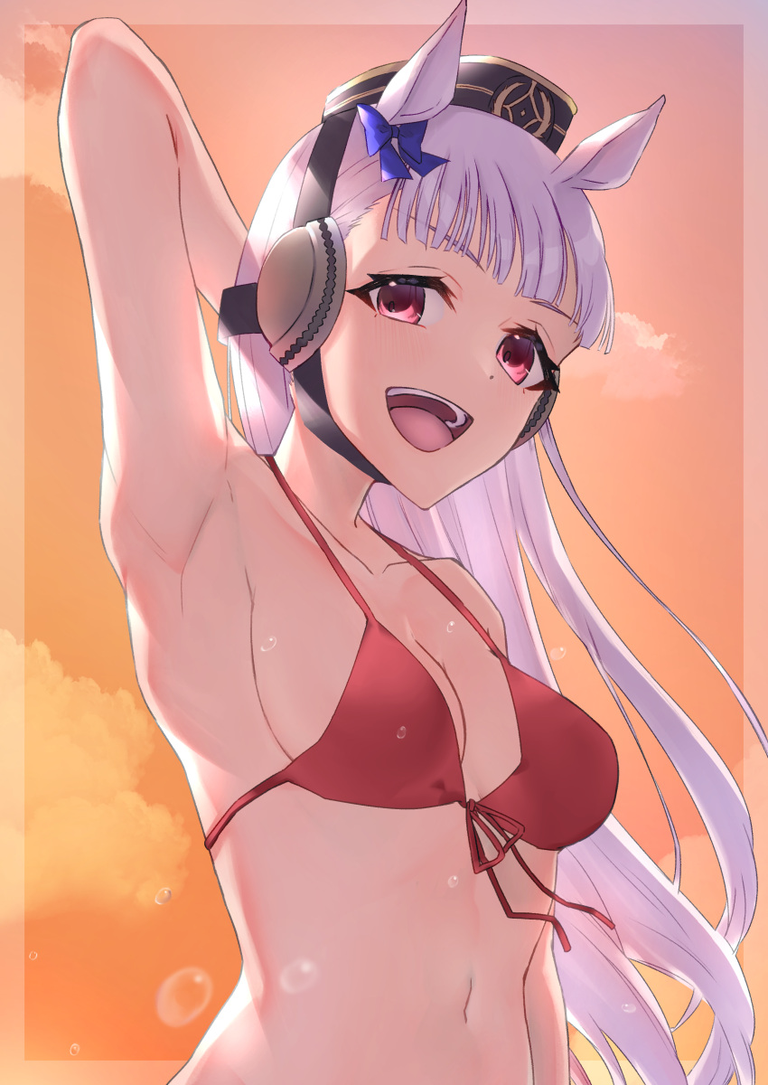 1girl absurdres alternate_costume animal_ears arm_up armpits bikini bow breasts brown_hat commentary_request ear_bow front-tie_bikini_top front-tie_top gold_ship_(umamusume) grey_hair highres horse_ears horse_girl long_hair looking_at_viewer medium_breasts navel open_mouth outdoors pillbox_hat purple_bow red_eyes smile solo swimsuit teeth umamusume upper_body upper_teeth_only very_long_hair yu_sakae