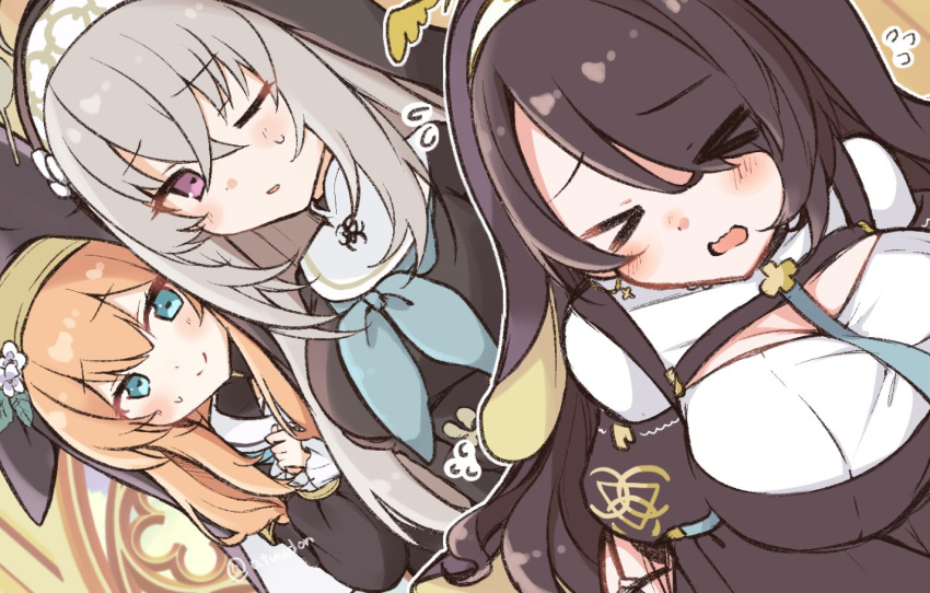 &gt;_&lt; 3girls atuudon black_dress black_hair black_hat blue_archive blue_eyes blush breasts cleavage closed_eyes clothing_cutout commentary crossed_bangs dress flower flying_sweatdrops grey_hair habit hair_between_eyes hinata_(blue_archive) large_breasts long_hair long_sleeves mari_(blue_archive) multiple_girls nun one_eye_closed open_mouth orange_hair parted_lips sakurako_(blue_archive) smile sweat symbol-only_commentary twitter_username very_long_hair white_flower