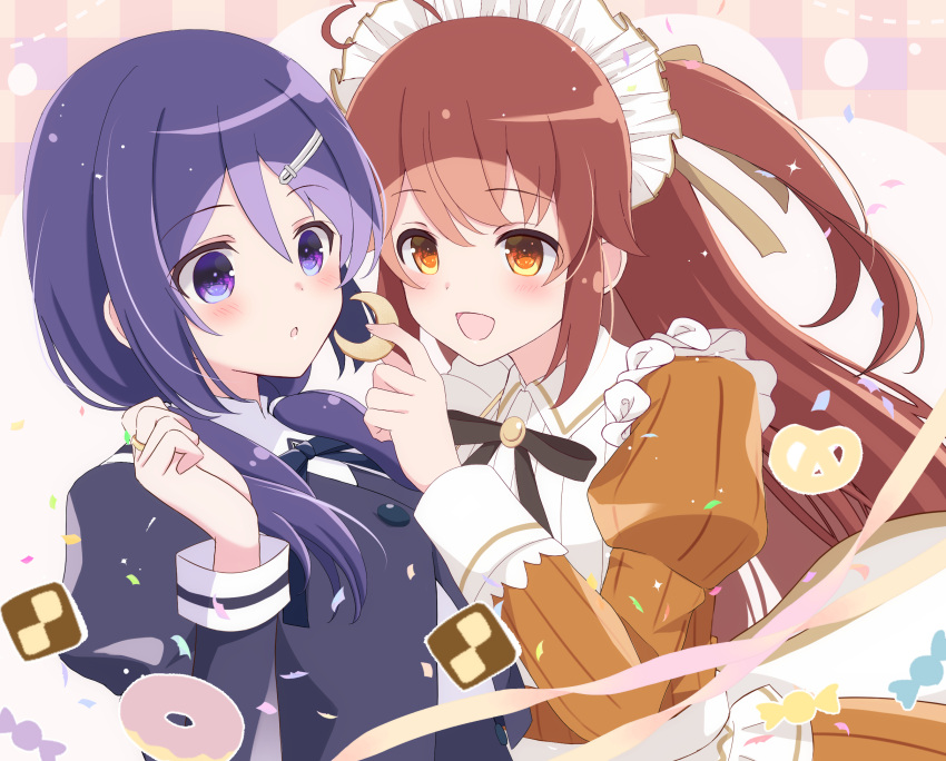 2girls :d ahoge apron assault_lily black_ribbon blush brown_dress brown_hair brown_ribbon candy checkerboard_cookie commentary_request confetti cookie cropped_jacket doughnut dress feeding food hair_ornament hair_ribbon hairclip hand_up heart heart_ahoge highres holding holding_cookie holding_food jewelry juliet_sleeves light_particles long_hair long_sleeves looking_at_another looking_at_food low_twintails maid maid_headdress mizuha_(dreamchild_0504) multiple_girls neck_ribbon one_side_up open_mouth orange_eyes parted_lips pink_background plaid plaid_background pretzel puffy_sleeves purple_eyes purple_hair ribbon ring school_uniform shirt smile takasuga_tsukushi twintails upper_body waist_apron watanabe_akane white_apron white_background white_shirt yurigaoka_girls_academy_school_uniform