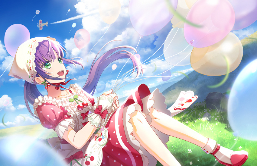 1girl :d aircraft airplane balloon biplane blue_sky blurry blurry_foreground bow cherry_earrings cloud collarbone dress dress_bow earrings floating_hair food-themed_clothes food-themed_earrings frilled_dress frills game_cg green_eyes hat highres holding holding_balloon jewelry knees_up lace_wrist_cuffs link!_like!_love_live! long_hair looking_up love_live! official_alternate_costume official_art on_grass open_mouth otomune_kozue ponytail puffy_short_sleeves puffy_sleeves purple_hair red_bow red_dress red_footwear short_sleeves sidelocks sitting sky smile smoke_trail socks solo teeth third-party_source upper_teeth_only virtual_youtuber white_dress white_hat white_socks white_wrist_cuffs wrist_cuffs