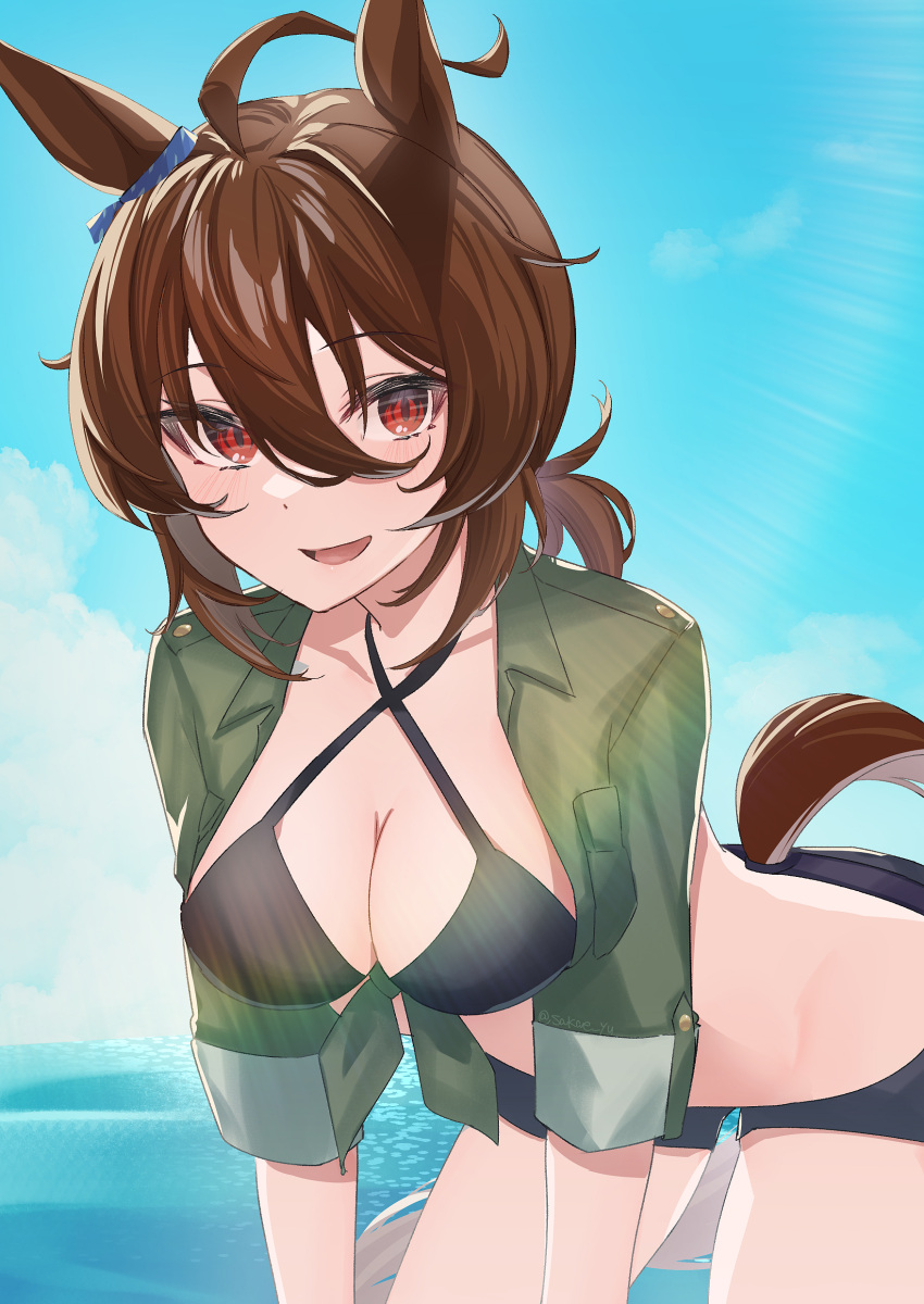 1girl absurdres agnes_tachyon_(lunatic_lab)_(umamusume) agnes_tachyon_(umamusume) ahoge animal_ears belt belt_pouch bikini black_bikini blue_shorts breast_pocket breasts brown_eyes brown_hair canister cleavage cloud cloudy_sky commentary_request cowboy_shot criss-cross_halter ear_ornament flask green_jacket groin hair_between_eyes halterneck hand_around_wrist highres horse_ears horse_girl horse_tail jacket leather_wrist_straps long_sleeves medium_hair micro_shorts midriff motion_lines navel ocean official_alternate_costume official_alternate_hairstyle open_clothes open_fly open_mouth open_shorts outdoors pocket pouch round-bottom_flask short_ponytail shorts sky solo splashing swimsuit tail thigh_strap tied_jacket torn_clothes torn_shorts umamusume wading wet wrist_straps yu_sakae