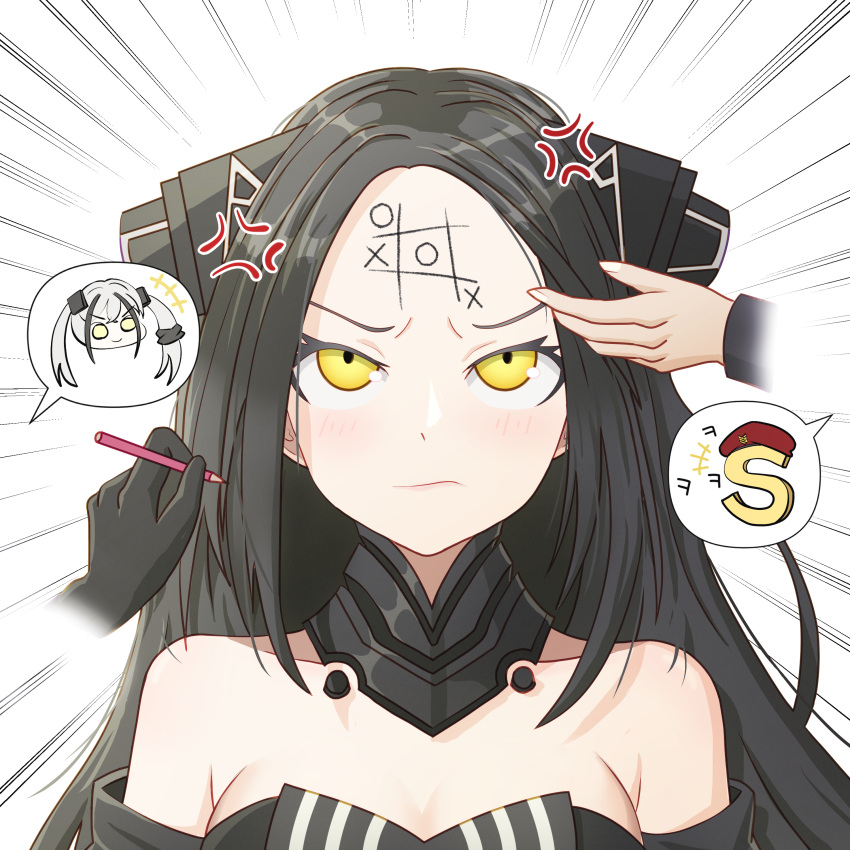 absurdres anger_vein angry bare_shoulders black_hair commander_(girls'_frontline) destroyer_(girls'_frontline) disembodied_limb dreamer_(girls'_frontline) emphasis_lines forehead gilijim girls'_frontline highres pencil portrait sangvis_ferri tic-tac-toe yellow_eyes