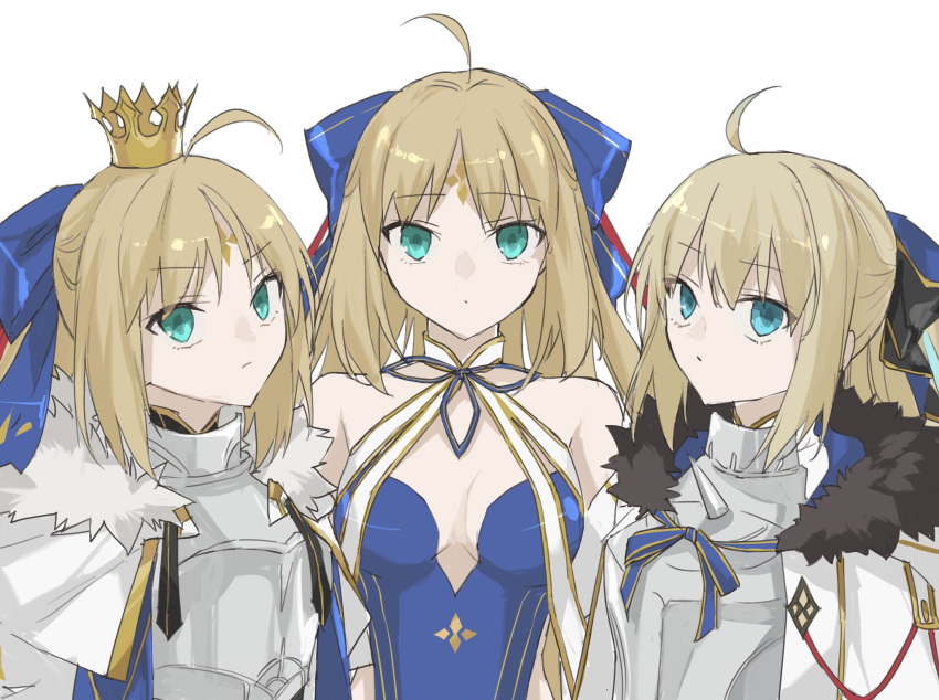 3girls aesc_(fate) aesc_(savior)_(fate) ahoge armor artoria_caster_(fate) artoria_caster_(swimsuit)_(fate) artoria_caster_(swimsuit)_(third_ascension)_(fate) artoria_caster_(third_ascension)_(fate) artoria_pendragon_(fate) black_fur black_ribbon blonde_hair blue_bow blue_ribbon bow breasts cape capelet closed_mouth crown diamond_(shape) fate/grand_order fate_(series) fur-trimmed_cape fur-trimmed_capelet fur_trim green_eyes hair_between_eyes hair_bow highres kino_kokko looking_at_viewer multiple_girls red_hair revision ribbon small_breasts swimsuit white_background white_cape white_fur white_ribbon