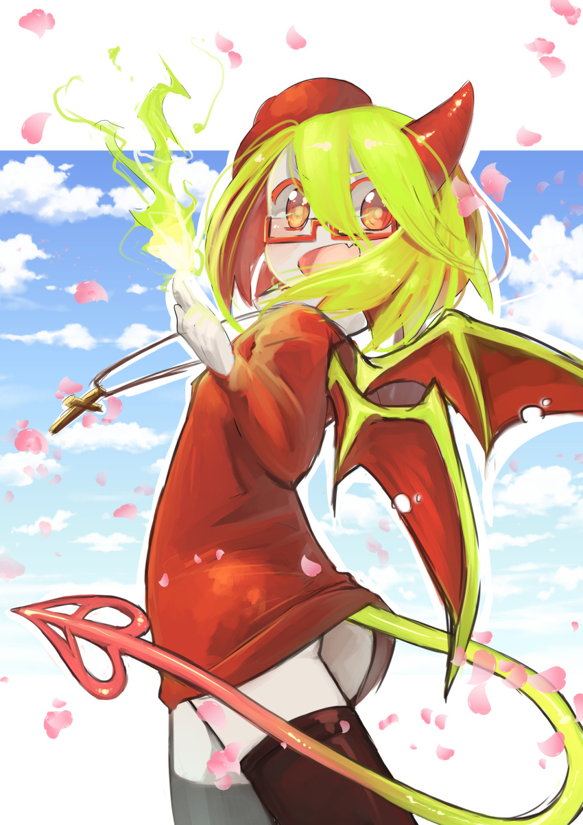 1girl beret black_pantyhose blue_sky border cloud colored_skin cross cross_necklace demon_tail demon_wings falling_petals fang fire funamusea glasses green_hair green_wings haiiro_teien hat highres horns jewelry looking_at_viewer melonenbrot necklace open_mouth orange_eyes pantyhose petals pink_petals red-framed_eyewear red_horns red_sweater semi-rimless_eyewear single_horn skin_fang sky smile solo sweater tail white_border white_skin wings yosafire_(funamusea)