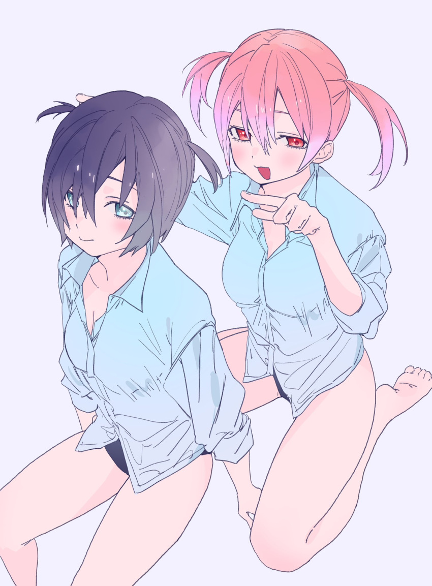 2girls bare_legs black_hair black_panties blue_eyes blue_shirt blush breasts cleavage collared_shirt commentary_request grey_background highres long_sleeves medium_hair multiple_girls open_mouth original panties pink_hair red_eyes shirt short_hair simple_background sitting smile two_side_up underwear valentine_(02140314c) wariza