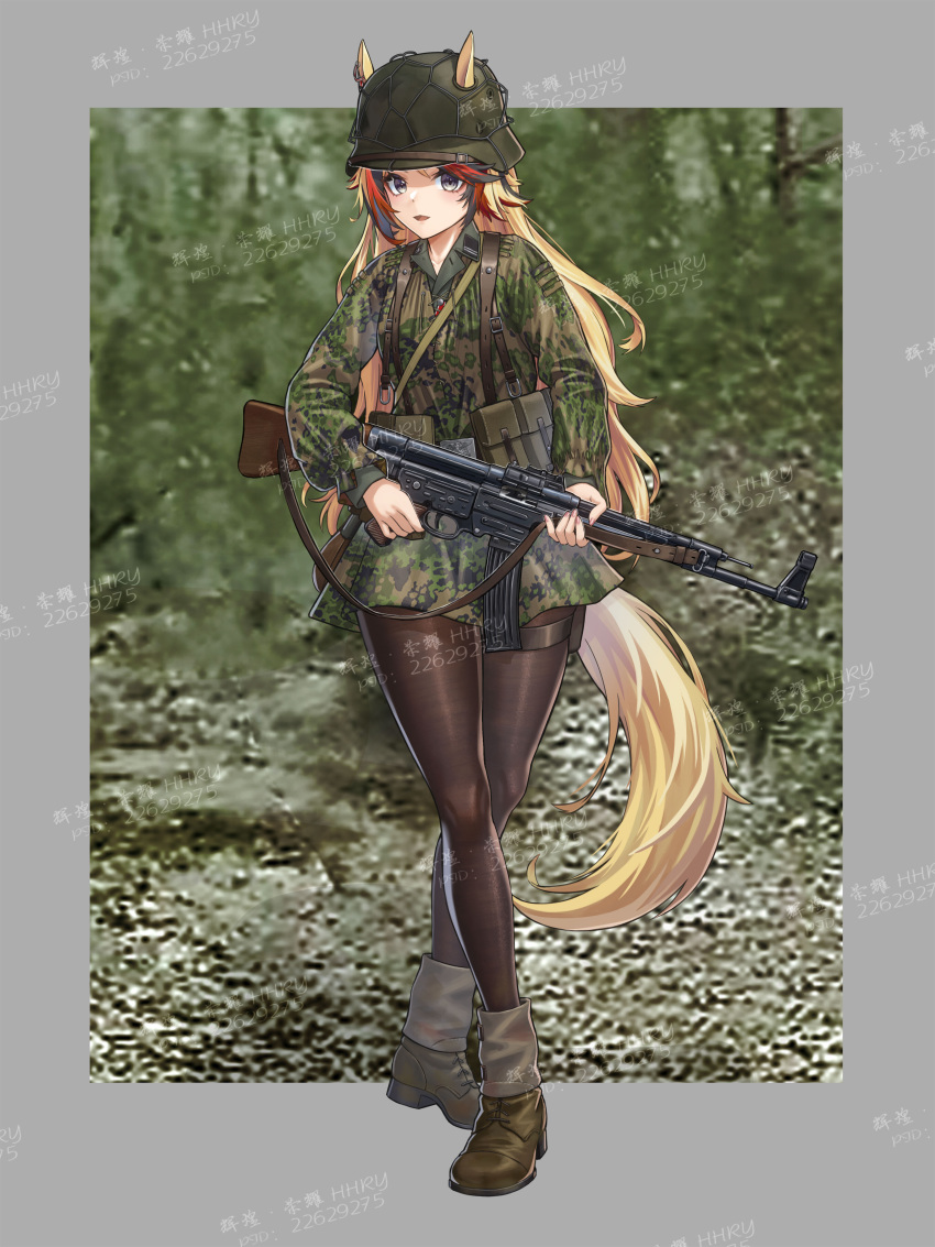 1girl absurdres assault_rifle black_pantyhose blonde_hair border camouflage camouflage_jacket combat_helmet green_hat green_jacket grey_border gun helmet highres horse_girl huihuang_rongyao jacket long_hair looking_at_viewer military_uniform original pantyhose photo_background rifle sample_watermark solo stahlhelm stg44 uniform very_long_hair waffen-ss watermark weapon world_war_ii