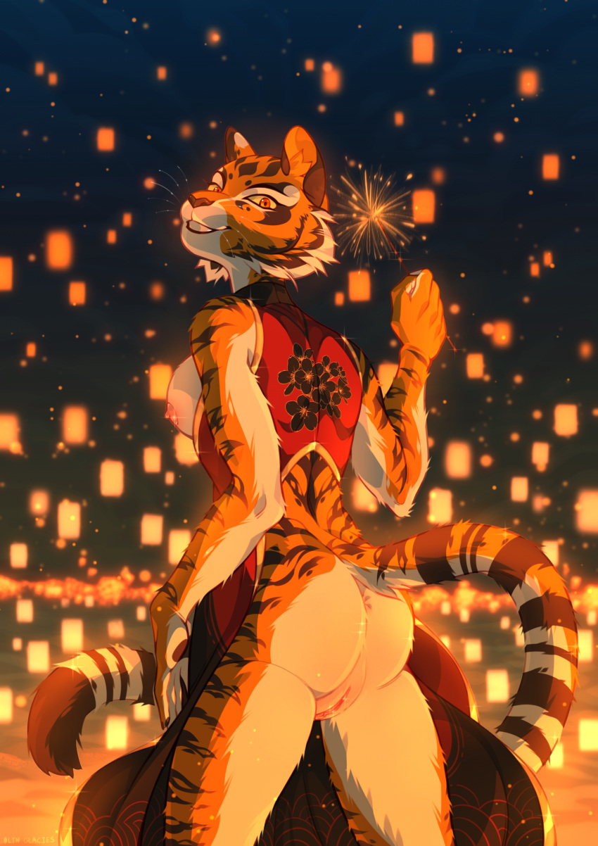 anthro blyadskiisychic breasts butt dreamworks felid female festival genitals hi_res kung_fu_panda lamp lantern looking_at_viewer looking_back mammal master_tigress night nipples pantherine pussy smile solo sparks stripes tiger