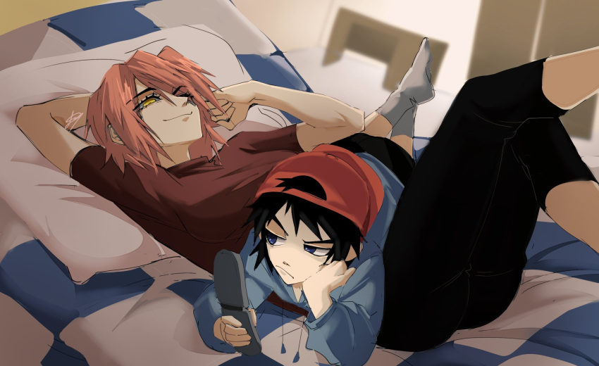 1boy 1girl age_difference aishadadagova blue_hoodie cellphone flcl green_eyes haruhara_haruko head_on_pillow highres hood hoodie nandaba_naota on_bed phone pink_hair short_hair size_difference smile