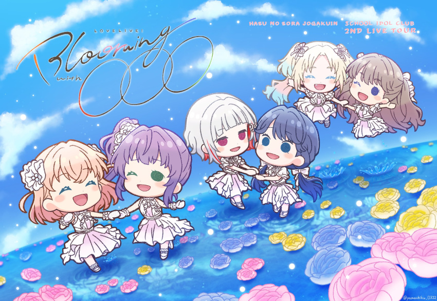 6+girls :d ;d ^_^ ascot blonde_hair blue_eyes blue_flower blue_hair blue_sky bow bowtie brown_hair cerise_bouquet chibi chibi_only closed_eyes cloud colored_eyelashes colored_inner_hair commentary_request copyright_name crossed_bangs dark_blue_hair diagonal_bangs dollchestra dress fang flower frilled_gloves frills fujishima_megumi gloves gradient_dress gradient_hair green_eyes grey_hair hair_bow hair_bun hair_ornament highres hinoshita_kaho holding_hands jumping light_blue_hair link!_like!_love_live! link_to_the_future_(love_live!) logo lone_nape_hair long_hair looking_at_another looking_at_viewer love_live! low_twintails medium_hair mira-cra_park! multicolored_hair multiple_girls murano_sayaka neck_ribbon one_eye_closed open_mouth orange_hair osawa_rurino otomune_kozue parted_bangs pearl_hair_ornament pink_dress pink_flower purple_eyes purple_hair red_eyes red_hair ribbon running short_hair short_sleeves side_ponytail sidelocks single_side_bun sky sleeveless sleeveless_dress smile solid_circle_eyes standing standing_on_liquid streaked_hair twintails two_side_up virtual_youtuber white_ascot white_bow white_bowtie white_dress white_footwear white_gloves white_ribbon yellow_flower yugiri_tsuzuri yumechiku