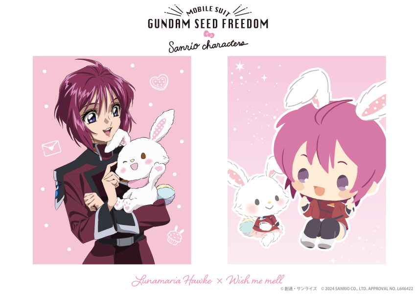 absurdres ahoge black_thighhighs collaboration gundam gundam_seed gundam_seed_destiny gundam_seed_freedom highres lunamaria_hawke mascot military military_uniform official_alternate_costume official_art promotional_art purple_eyes rabbit red_hair sanrio short_hair thighhighs uniform wish_me_mell