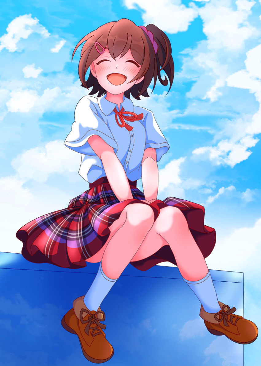 ^_^ absurdres blush brown_footwear brown_hair closed_eyes hair_ornament hair_scrunchie highres idolmaster idolmaster_million_live! kasuga_mirai knees_together_feet_apart neck_ribbon one_side_up plaid plaid_skirt pleated_skirt raby_vivid red_skirt ribbon rooftop school_uniform scrunchie shirt shirt_tucked_in short_sleeves sitting skirt smile socks white_shirt white_socks