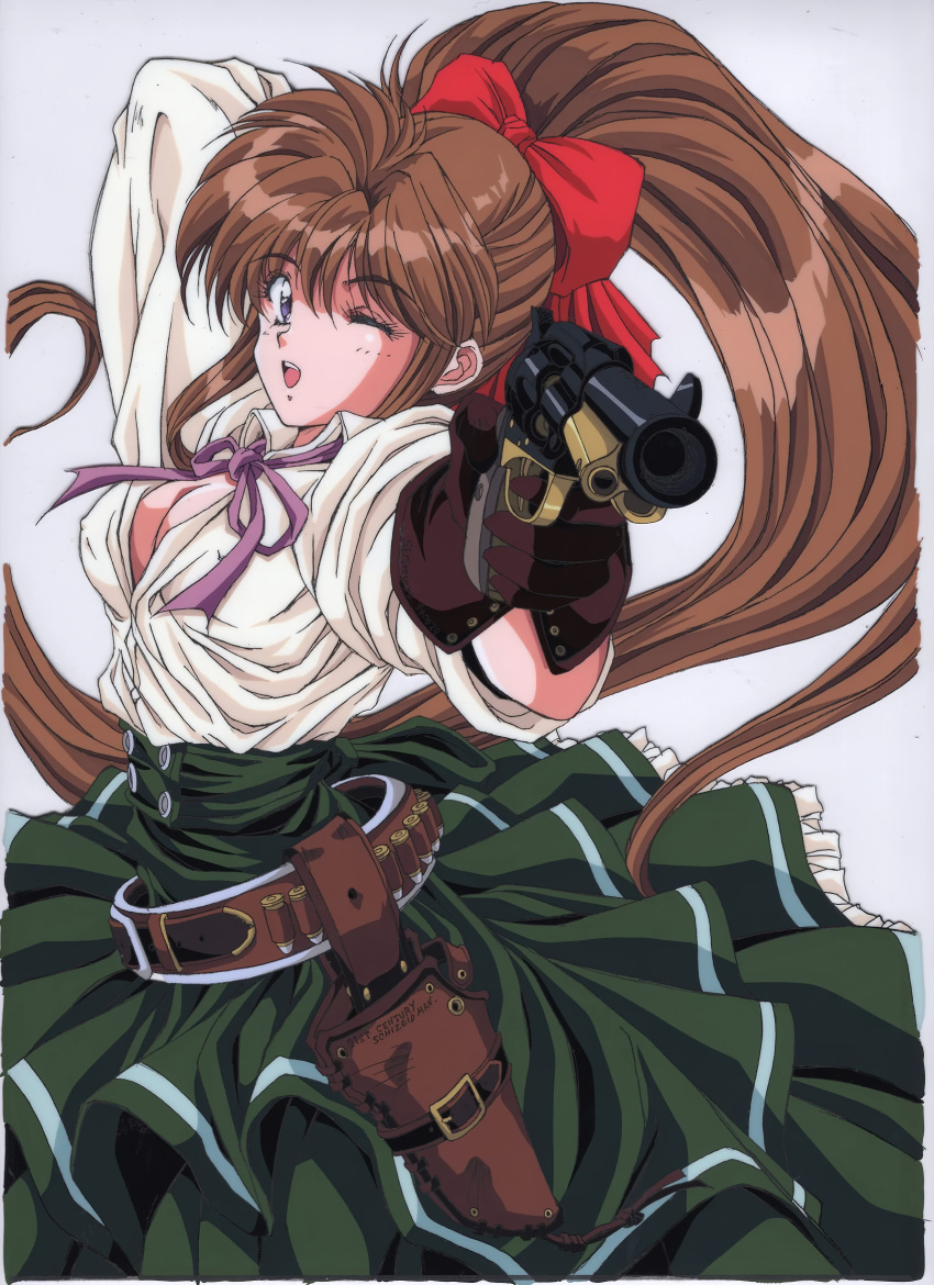 1990s_(style) 1girl aiming aiming_at_viewer arm_behind_head arm_up belt blue_eyes breasts brown_hair bullet cleavage gloves green_skirt gun gunblaze hair_ribbon high_ponytail highres holding holding_gun holding_weapon holster long_hair long_skirt long_sleeves looking_at_viewer medium_breasts non-web_source official_art one_eye_closed open_mouth outstretched_arm retro_artstyle revolver ribbon simple_background skirt solo very_long_hair weapon white_background