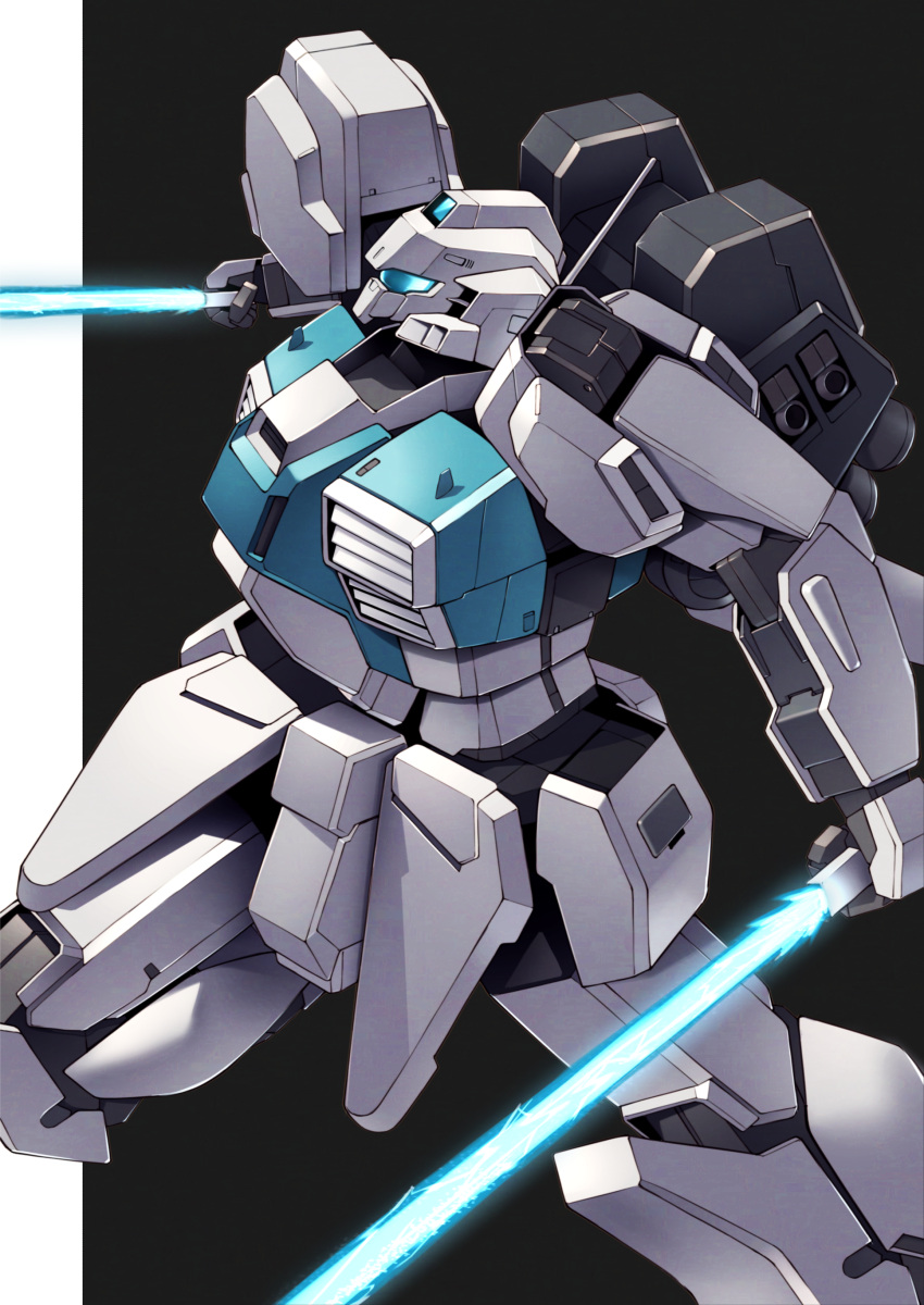 absurdres assault_visor beam_saber black_background dual_wielding flying gundam gundam_sentinel highres holding holding_sword holding_weapon mecha mecha_focus mobile_suit nero_(mobile_suit) no_humans radio_antenna robot science_fiction sword takahashi_masaki two-tone_background weapon white_background