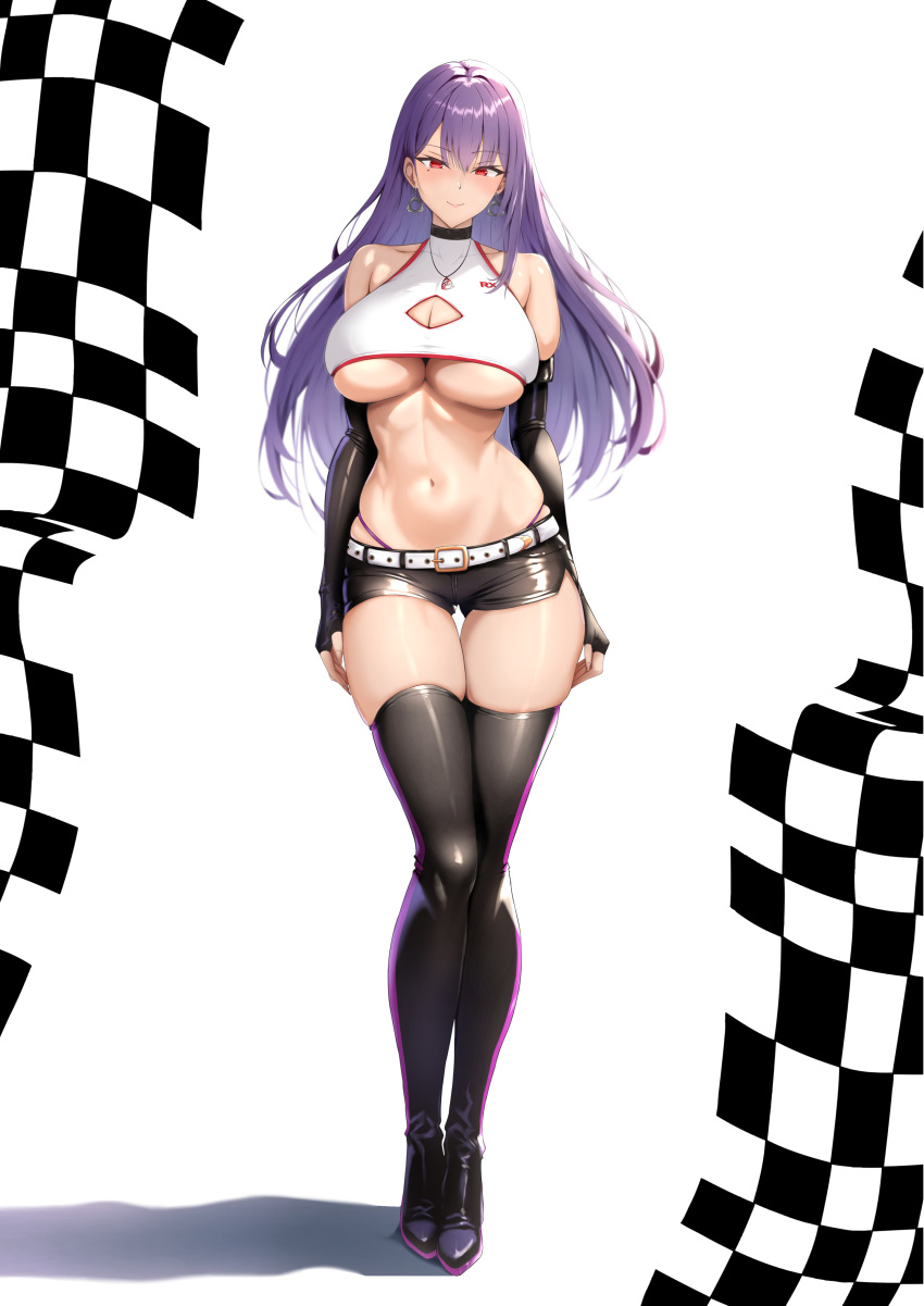 1girl absurdres bare_shoulders black_choker black_footwear boots breasts checkered_flag choker cleavage cleavage_cutout closed_mouth clothing_cutout collarbone contrapposto crop_top flag full_body highres jewelry large_breasts long_hair looking_at_viewer midriff navel necklace original panty_straps plump purple_hair race_queen ranhatu red_eyes shiny_clothes short_shorts shorts sleeveless sleeveless_turtleneck smile straight-on thigh_boots thigh_gap turtleneck underboob