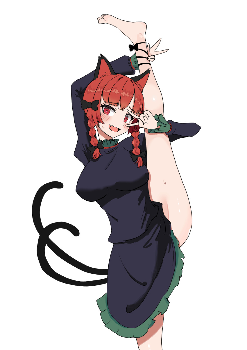 1girl animal_ears barefoot black_bow black_shirt black_skirt bow braid breasts cat_ears cat_girl cat_tail commentary_request hair_bow highres juliet_sleeves kaenbyou_rin large_breasts long_sleeves medium_hair multiple_tails nekomata open_mouth pochipechi056 puffy_sleeves red_eyes red_hair shirt side_braids simple_background skirt solo split standing standing_on_one_leg standing_split tail touhou twin_braids two_tails white_background