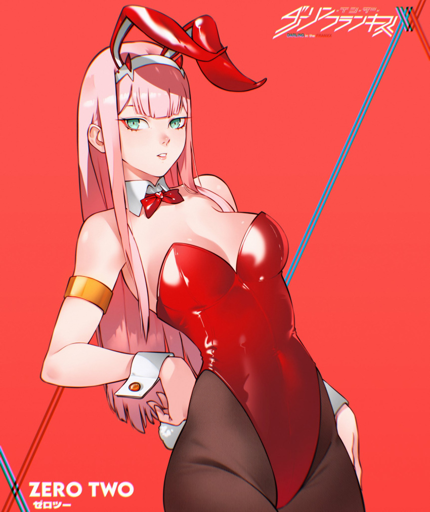 1girl alternate_costume animal_ears armlet bare_shoulders bow bowtie breasts brown_pantyhose cesar_art456 character_name commentary_request copyright_name darling_in_the_franxx detached_collar english_commentary fake_animal_ears fake_tail green_eyes hairband highleg highleg_leotard highres horns large_breasts leotard long_hair looking_at_viewer pantyhose parted_lips pink_background pink_hair playboy_bunny rabbit_ears rabbit_tail red_bow red_bowtie red_horns red_leotard solo strapless strapless_leotard tail teeth very_long_hair white_hairband white_wrist_cuffs wrist_cuffs zero_two_(darling_in_the_franxx)